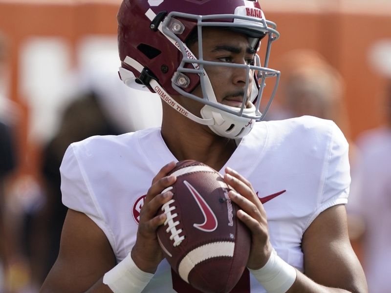 Sep 10, 2022; Austin, Texas, USA; Alabama Crimson Tide quarterback Bryce Young (9) warms up before the game against the Texas Longhorns during the first half at at Darrell K Royal-Texas Memorial Stadium. Mandatory Credit: Scott Wachter-USA TODAY Sports