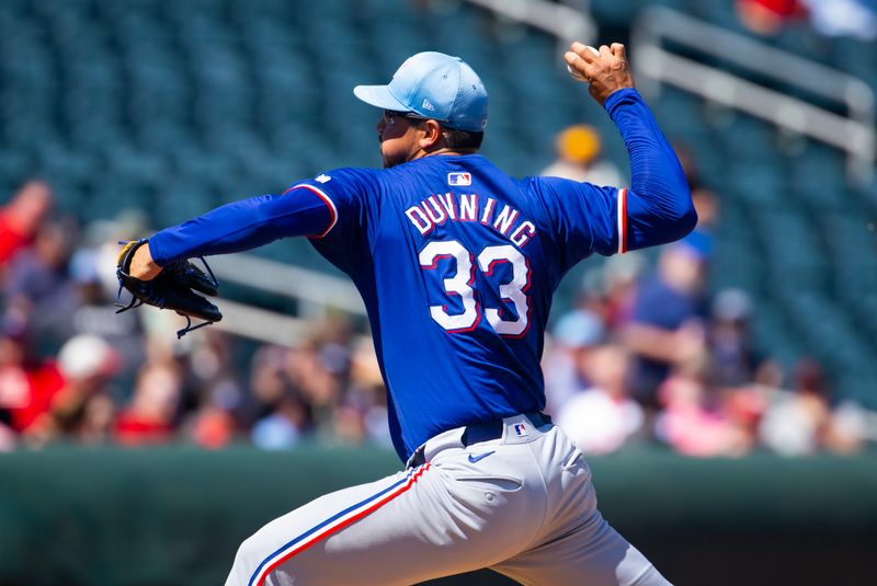 Mar 20, 2024; Goodyear, Arizona, USA; Texas Rangers pitcher Dane Dunning against the Cincinnati Reds during a spring training baseball game at Goodyear Ballpark. Mandatory Credit: Mark J. Rebilas-USA TODAY Sports