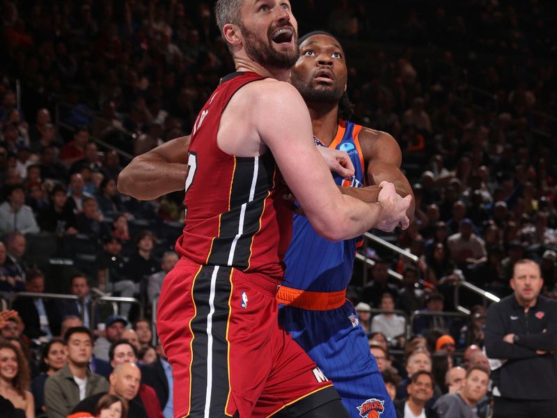 NEW YORK, NY - JANUARY 27: Kevin Love #42 of the Miami Heat boxes out during the game against the New York Knicks on January 27, 2024 at Madison Square Garden in New York City, New York.  NOTE TO USER: User expressly acknowledges and agrees that, by downloading and or using this photograph, User is consenting to the terms and conditions of the Getty Images License Agreement. Mandatory Copyright Notice: Copyright 2024 NBAE  (Photo by Nathaniel S. Butler/NBAE via Getty Images)