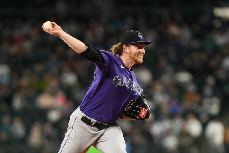 Apr 16, 2023; Seattle, Washington, USA; Colorado Rockies starting pitcher Noah Davis (63) pitches to the Seattle Mariners during the first inning at T-Mobile Park. Mandatory Credit: Steven Bisig-USA TODAY Sports