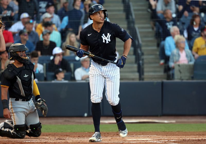 Mar 20, 2024; Tampa, Florida, USA; New York Yankees designated hitter Giancarlo Stanton (27)  looks on after he hit a 2-run home run during the first inning against the Pittsburgh Pirates at George M. Steinbrenner Field. Mandatory Credit: Kim Klement Neitzel-USA TODAY Sports