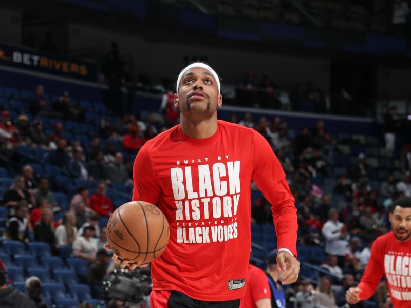 NEW ORLEANS, LA - FEBRUARY 5: Bruce Brown #11 of the Toronto Raptors warms up before the game against the New Orleans Pelicans on February 5, 2024 at the Smoothie King Center in New Orleans, Louisiana. NOTE TO USER: User expressly acknowledges and agrees that, by downloading and or using this Photograph, user is consenting to the terms and conditions of the Getty Images License Agreement. Mandatory Copyright Notice: Copyright 2024 NBAE (Photo by Layne Murdoch Jr./NBAE via Getty Images)