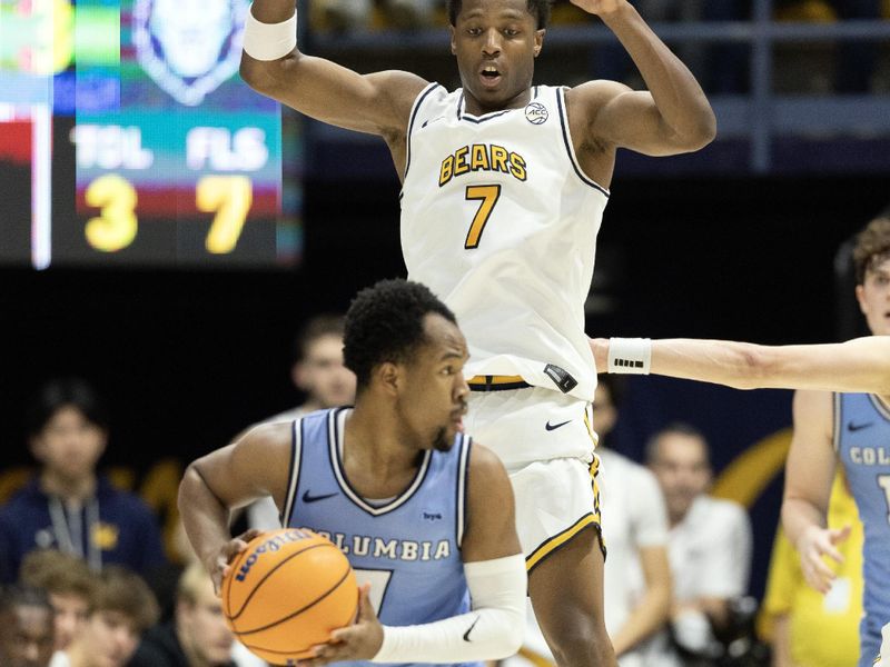 Dec 21, 2025; Berkeley, California, USA; California Golden Bears guard Dai Dai Ames (7) guards Columbia Lions guard Hampton Sanders (7) during the first half at Haas Pavilion. Mandatory Credit: D. Ross Cameron-Imagn Images