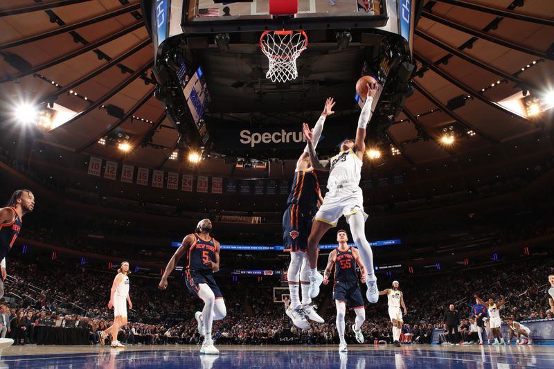 NEW YORK, NY - JANUARY 30: Keyonte George #3 of the Utah Jazz drives to the basket during the game against the New York Knicks on January 30, 2024 at Madison Square Garden in New York City, New York.  NOTE TO USER: User expressly acknowledges and agrees that, by downloading and or using this photograph, User is consenting to the terms and conditions of the Getty Images License Agreement. Mandatory Copyright Notice: Copyright 2024 NBAE  (Photo by Nathaniel S. Butler/NBAE via Getty Images)