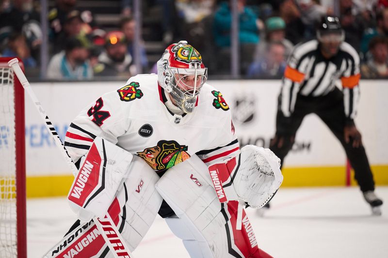 Mar 23, 2024; San Jose, California, USA; Chicago Blackhawks goaltender Petr Mrazek (34) tends goal against the San Jose Sharks during the second period at SAP Center at San Jose. Mandatory Credit: Robert Edwards-USA TODAY Sports