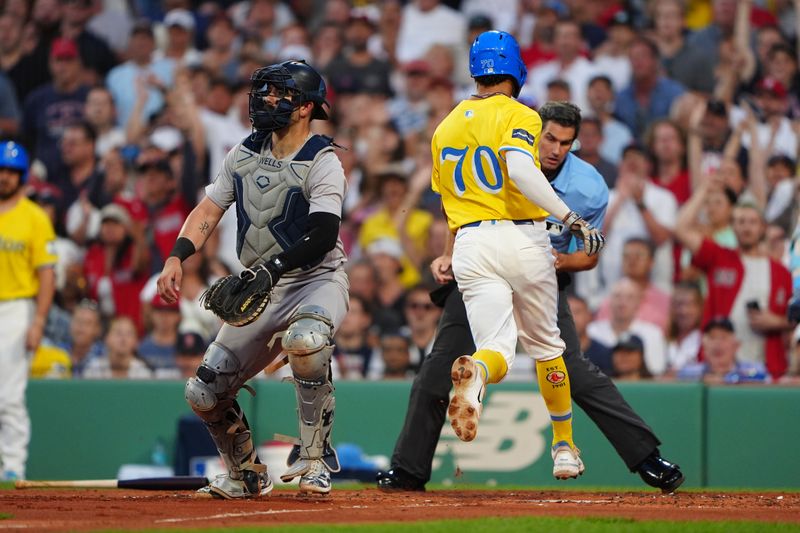 Jul 27, 2024; Boston, Massachusetts, USA; Boston Red Sox second baseman David Hamilton (70) scores a run on Boston Red Sox center fielder Jarren Duran (not pictured) RBI single against the New York Yankees during the second inning at Fenway Park. Mandatory Credit: Gregory Fisher-USA TODAY Sports