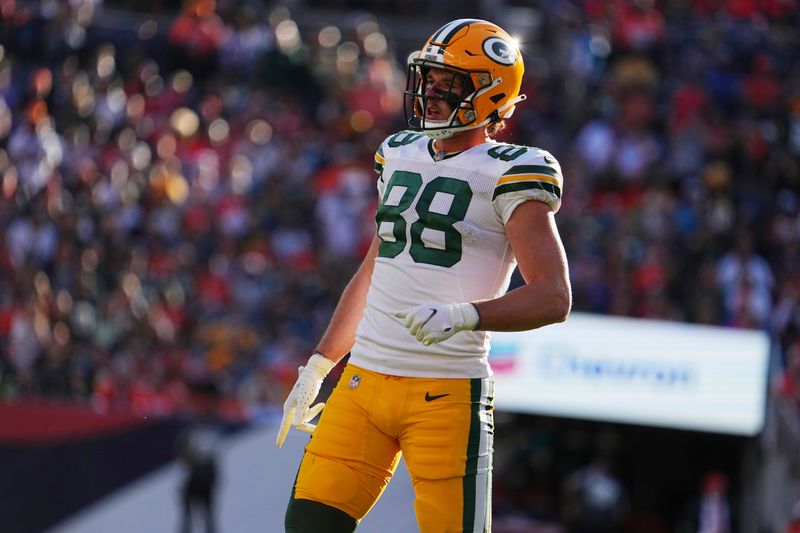 Green Bay Packers tight end Luke Musgrave (88) against the Denver Broncos of an NFL football game Sunday October 22, 2023, in Denver. (AP Photo/Bart Young)