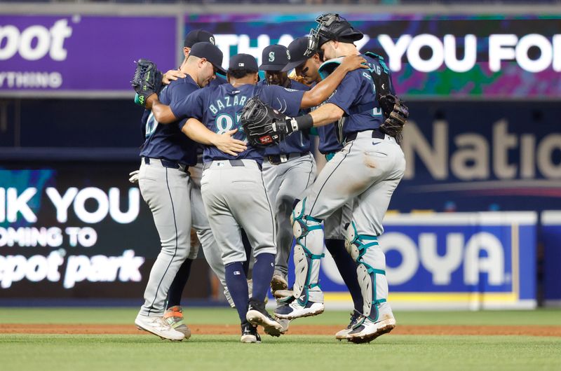 Jun 22, 2024; Miami, Florida, USA;  The Seattle Mariners  celebrate their win against the Miami Marlins at loanDepot Park. Mandatory Credit: Rhona Wise-USA TODAY Sports