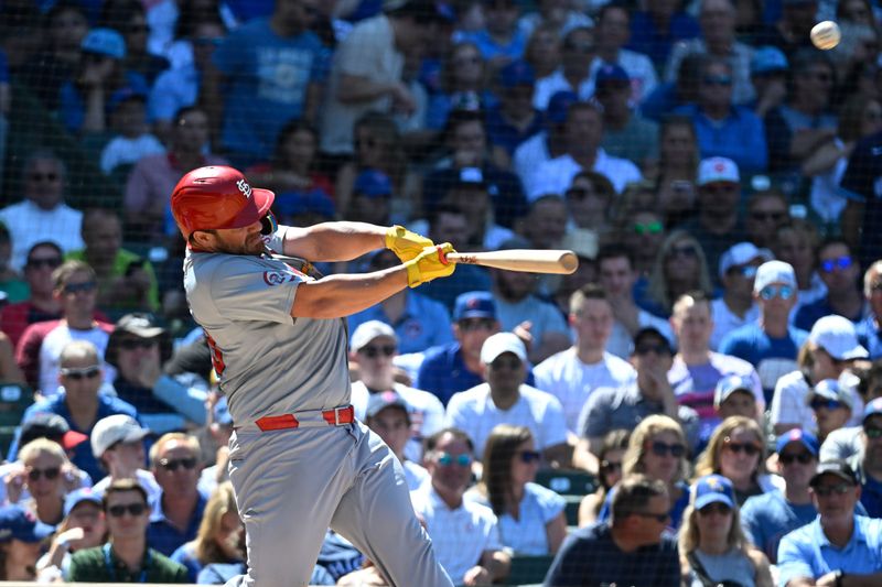 Jun 14, 2024; Chicago, Illinois, USA;  St. Louis Cardinals catcher Pedro Pages (43) hits a home run against the Chicago Cubs during the eighth inning at Wrigley Field. Mandatory Credit: Matt Marton-USA TODAY Sports