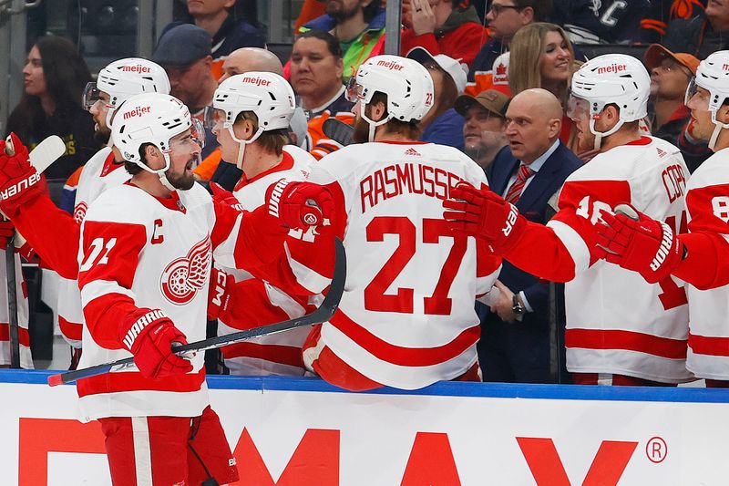 Feb 15, 2023; Edmonton, Alberta, CAN; The Detroit Red Wings celebrate a goal scored by forward Dylan Larkin (71) against the Edmonton Oilers during the first period at Rogers Place. Mandatory Credit: Perry Nelson-USA TODAY Sports