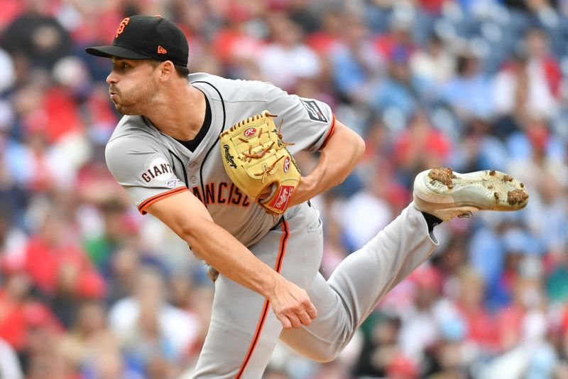 May 6, 2024; Philadelphia, Pennsylvania, USA; San Francisco Giants starting pitcher Mason Black (47) follows through on a pitch against the Philadelphia Phillies during the fourth inning at Citizens Bank Park. Mandatory Credit: Eric Hartline-USA TODAY Sports