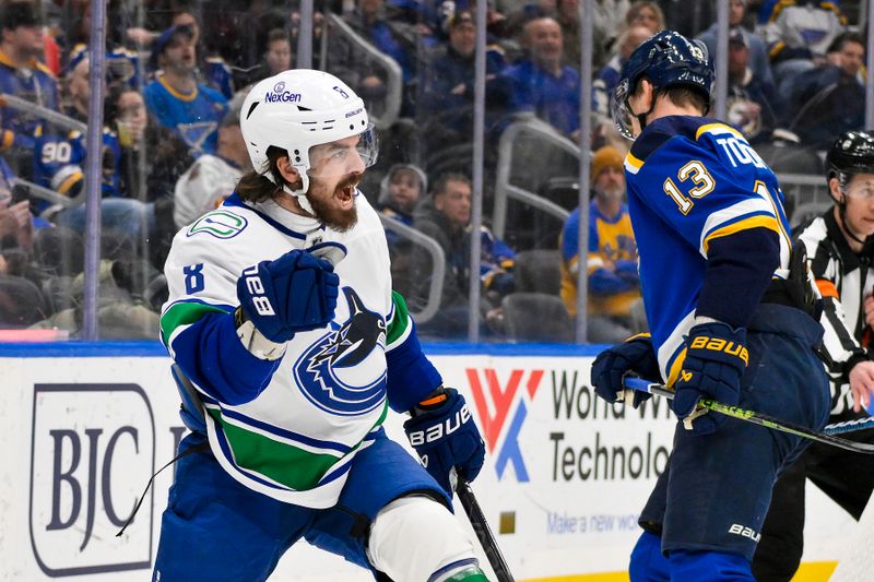 Jan 27, 2025; St. Louis, Missouri, USA;  Vancouver Canucks right wing Conor Garland (8) reacts after scoring against the St. Louis Blues during the first period at Enterprise Center. Mandatory Credit: Jeff Curry-Imagn Images