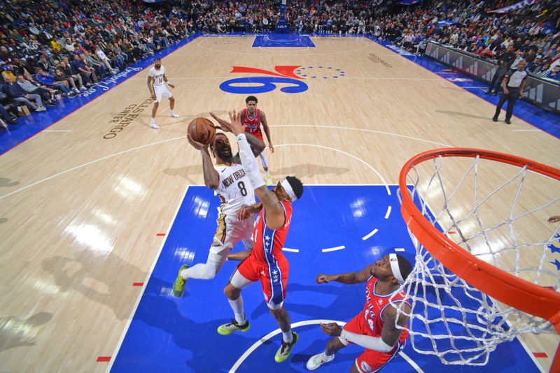 PHILADELPHIA, PA - MARCH 8: Naji Marshall #8 of the New Orleans Pelicans shoots the ball during the game against the Philadelphia 76ers on March 8, 2024 at the Wells Fargo Center in Philadelphia, Pennsylvania NOTE TO USER: User expressly acknowledges and agrees that, by downloading and/or using this Photograph, user is consenting to the terms and conditions of the Getty Images License Agreement. Mandatory Copyright Notice: Copyright 2024 NBAE (Photo by Jesse D. Garrabrant/NBAE via Getty Images)