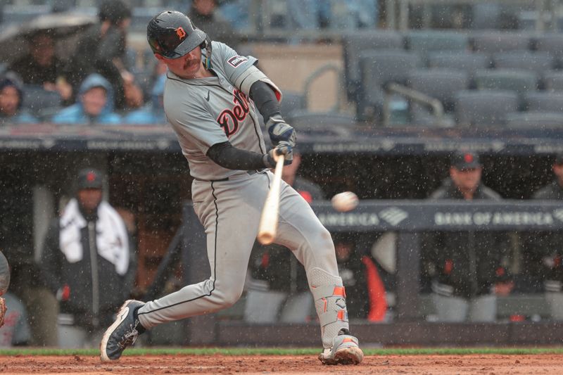 May 5, 2024; Bronx, New York, USA; Detroit Tigers catcher Jake Rogers (34) singles during the seventh inning against the New York Yankees at Yankee Stadium. Mandatory Credit: Vincent Carchietta-USA TODAY Sports
