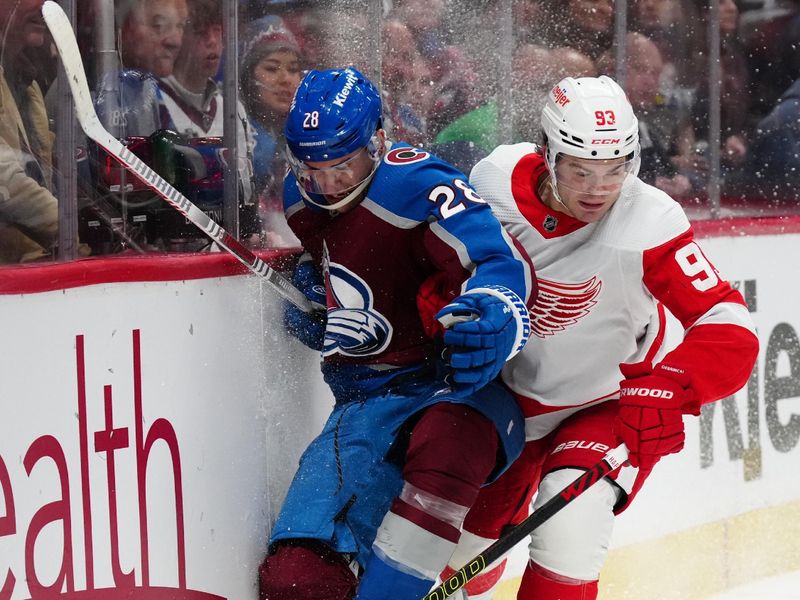 Mar 6, 2024; Denver, Colorado, USA; Detroit Red Wings right wing Alex DeBrincat (93) checks Colorado Avalanche left wing Miles Wood (28) in the second period at Ball Arena. Mandatory Credit: Ron Chenoy-USA TODAY Sports