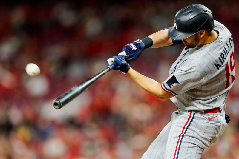 Sep 18, 2023; Cincinnati, Ohio, USA; Minnesota Twins first baseman Alex Kirilloff (19) hits a solo home run in the seventh inning against the Cincinnati Reds at Great American Ball Park. Mandatory Credit: Katie Stratman-USA TODAY Sports