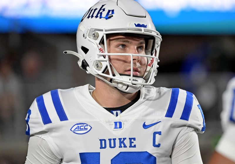 Oct 21, 2023; Tallahassee, Florida, USA; Duke Blue Devils quarterback Riley Leonard (13) during the first quarter against the Florida State Seminoles at Doak S. Campbell Stadium. Mandatory Credit: Melina Myers-USA TODAY Sports