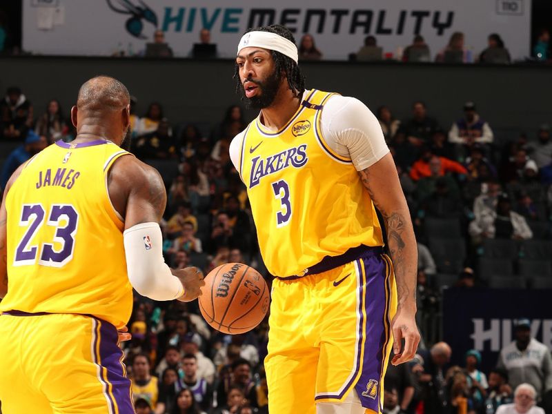 CHARLOTTE, NC - JANUARY 27: Anthony Davis #3 of the Los Angeles Lakers dribbles the ball during the game against the Charlotte Hornets on January 27, 2025 at Spectrum Center in Charlotte, North Carolina. NOTE TO USER: User expressly acknowledges and agrees that, by downloading and or using this photograph, User is consenting to the terms and conditions of the Getty Images License Agreement. Mandatory Copyright Notice: Copyright 2025 NBAE (Photo by Kent Smith/NBAE via Getty Images)