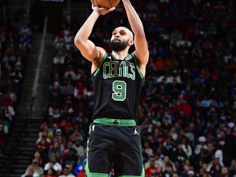 HOUSTON, TX - JANUARY 21: Derrick White #9 of the Boston Celtics shoots the ball during the game against the Houston Rockets on January 21, 2024 at the Toyota Center in Houston, Texas. NOTE TO USER: User expressly acknowledges and agrees that, by downloading and or using this photograph, User is consenting to the terms and conditions of the Getty Images License Agreement. Mandatory Copyright Notice: Copyright 2024 NBAE (Photo by Logan Riely/NBAE via Getty Images)