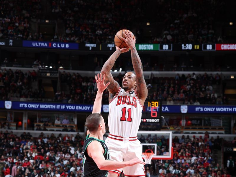 CHICAGO, IL - MARCH 23: DeMar DeRozan #11 of the Chicago Bulls shoots the ball during the game against the Boston Celtics on March 23, 2024 at United Center in Chicago, Illinois. NOTE TO USER: User expressly acknowledges and agrees that, by downloading and or using this photograph, User is consenting to the terms and conditions of the Getty Images License Agreement. Mandatory Copyright Notice: Copyright 2024 NBAE (Photo by Jeff Haynes/NBAE via Getty Images)