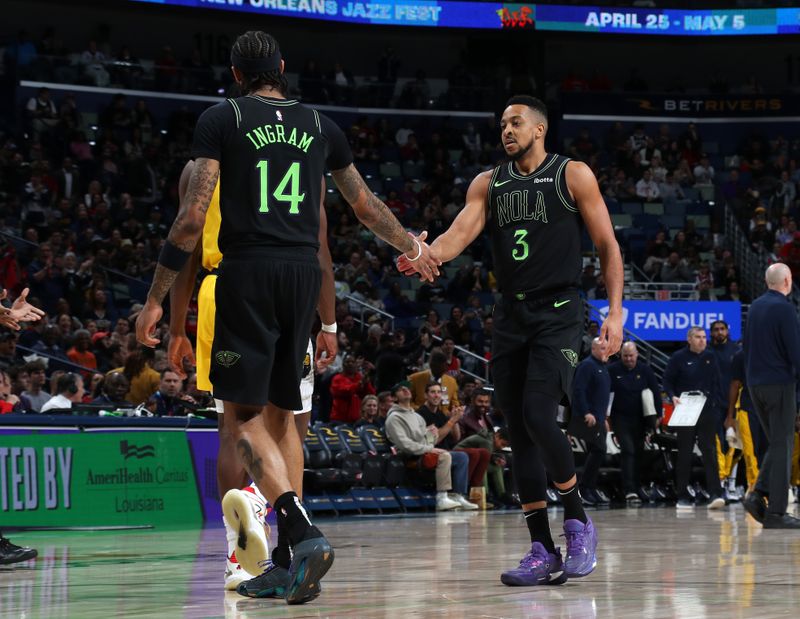 NEW ORLEANS, LA - MARCH 1:  CJ McCollum #3 and Brandon Ingram #14 of the New Orleans Pelicans react during the game against the Indiana Pacers on March 1, 2024 at the Smoothie King Center in New Orleans, Louisiana. NOTE TO USER: User expressly acknowledges and agrees that, by downloading and or using this Photograph, user is consenting to the terms and conditions of the Getty Images License Agreement. Mandatory Copyright Notice: Copyright 2024 NBAE (Photo by Layne Murdoch Jr./NBAE via Getty Images)