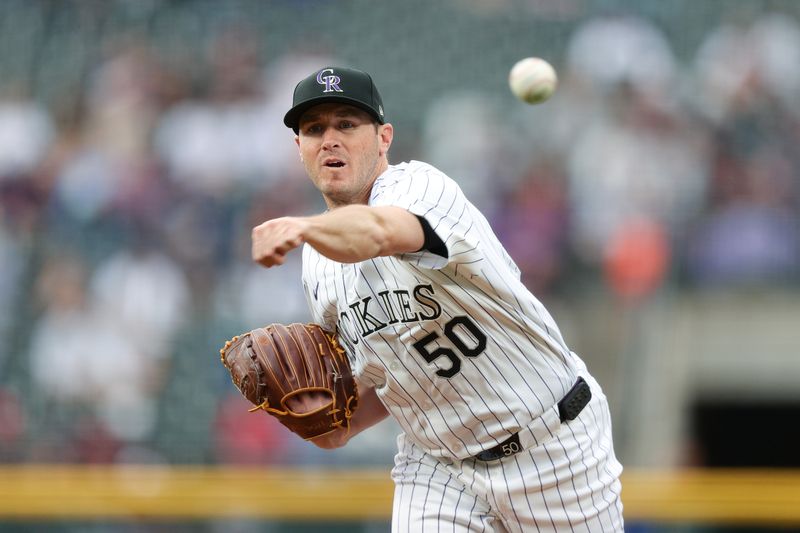 May 24, 2024; Denver, Colorado, USA; Colorado Rockies starting pitcher Ty Blach (50) pitches in the first inning against the Philadelphia Phillies at Coors Field. Mandatory Credit: Isaiah J. Downing-USA TODAY Sports