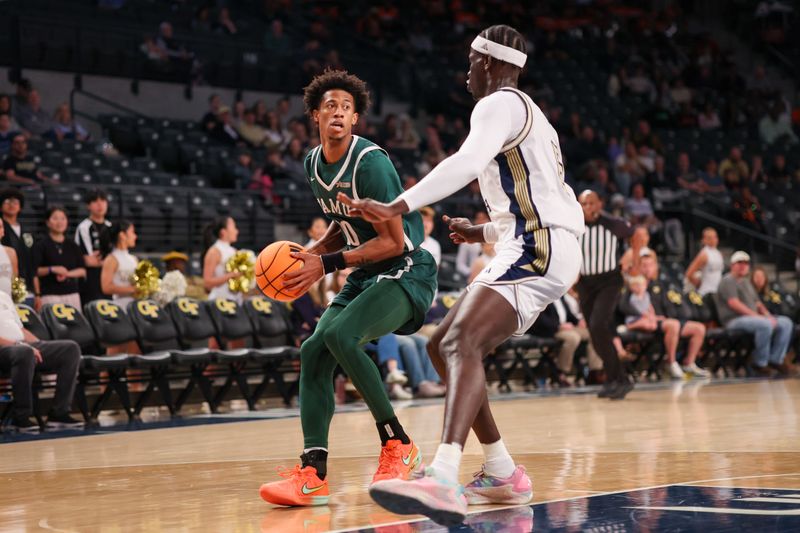 Dec 28, 2025; Atlanta, Georgia, USA; Florida A&M Rattlers forward Kaleb Washington (10) handles the ball against the Georgia Tech Yellow Jackets in the first half at McCamish Pavilion. Mandatory Credit: Brett Davis-Imagn Images