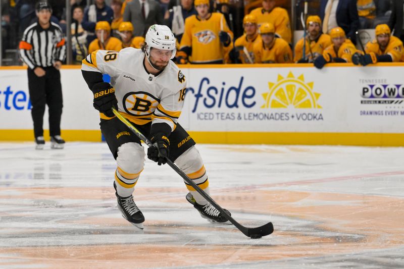 Mar 5, 2026; Nashville, Tennessee, USA;  Boston Bruins center Pavel Zacha (18) skates with the puck against the Nashville Predators during the second period at Bridgestone Arena. Mandatory Credit: Steve Roberts-Imagn Images