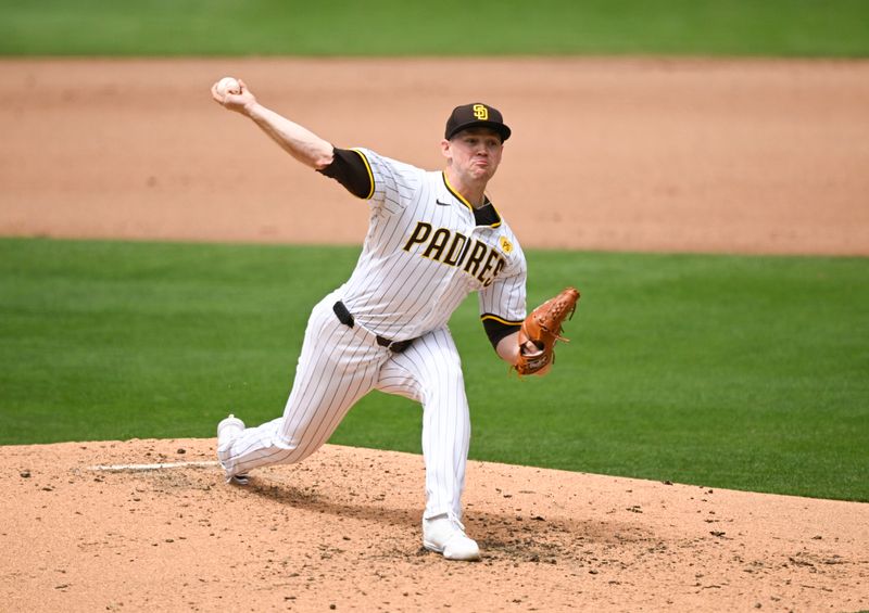 May 29, 2024; San Diego, California, USA; San Diego Padres pitcher Stephen Kolek (32) pitches during the fifth inning against the Miami Marlins  at Petco Park. Mandatory Credit: Denis Poroy-USA TODAY Sports