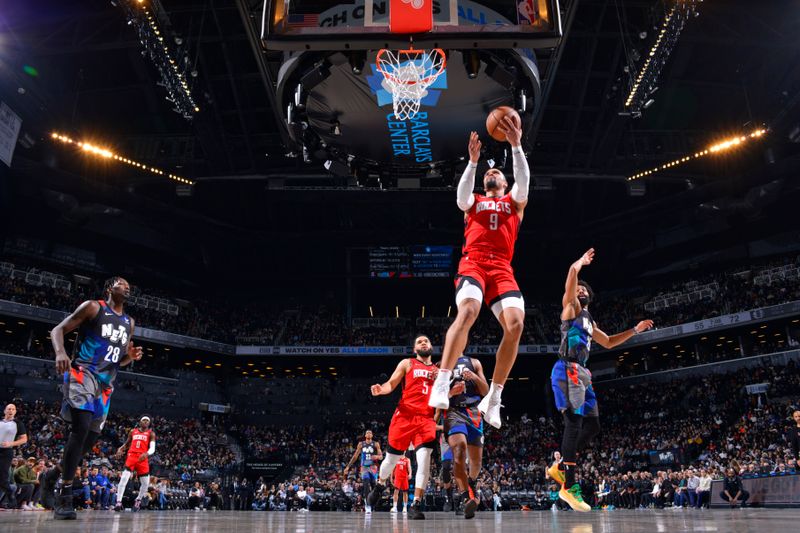 BROOKLYN, NY - JANUARY 27: Dillon Brooks #9 of the Houston Rockets drives to the basket during the game against the Brooklyn Nets on January 27, 2024 at Barclays Center in Brooklyn, New York. NOTE TO USER: User expressly acknowledges and agrees that, by downloading and or using this Photograph, user is consenting to the terms and conditions of the Getty Images License Agreement. Mandatory Copyright Notice: Copyright 2024 NBAE (Photo by Jesse D. Garrabrant/NBAE via Getty Images)