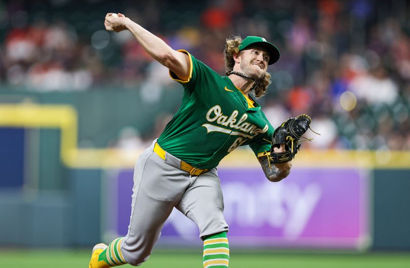 May 16, 2024; Houston, Texas, USA; Oakland Athletics starting pitcher Joey Estes (68) delivers a pitch during the fourth inning against the Houston Astros at Minute Maid Park. Mandatory Credit: Troy Taormina-USA TODAY Sports