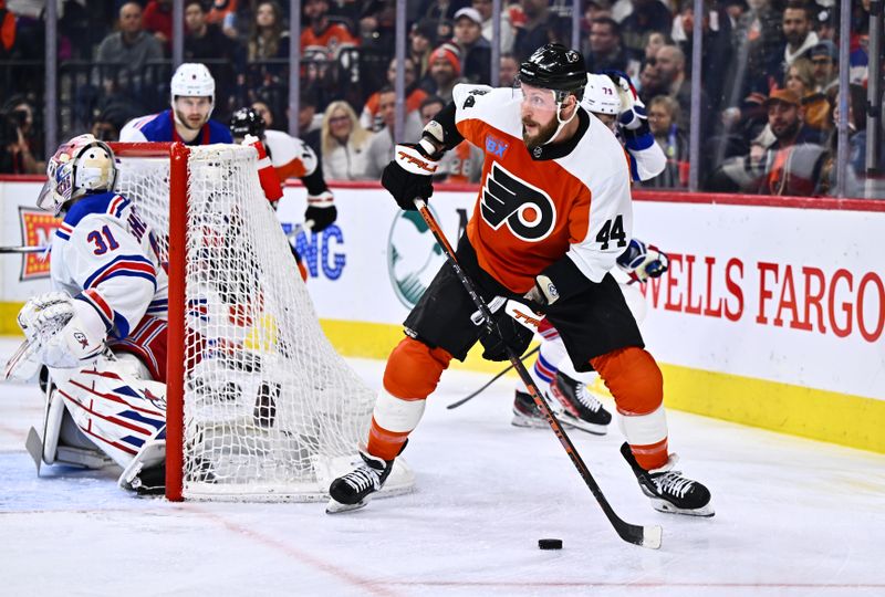 Feb 24, 2024; Philadelphia, Pennsylvania, USA; Philadelphia Flyers left wing Nicolas Deslauriers (44) controls the puck against the New York Rangers in the first period at Wells Fargo Center. Mandatory Credit: Kyle Ross-USA TODAY Sports