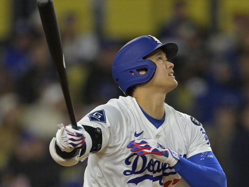 Apr 25, 2025; Los Angeles, California, USA;  Los Angeles Dodgers designated hitter Shohei Ohtani (17) flies out in the eighth inning against the Pittsburgh Pirates at Dodger Stadium. Mandatory Credit: Jayne Kamin-Oncea-Imagn Images