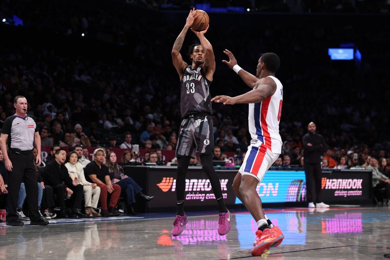 BROOKLYN, NY - JANUARY 8: Nicolas Claxton #33 of the Brooklyn Nets shoots the ball during the game against the Detroit Pistons on January 8, 2025 at Barclays Center in Brooklyn, New York. NOTE TO USER: User expressly acknowledges and agrees that, by downloading and or using this Photograph, user is consenting to the terms and conditions of the Getty Images License Agreement. Mandatory Copyright Notice: Copyright 2025 NBAE (Photo by Brandon Todd/NBAE via Getty Images)