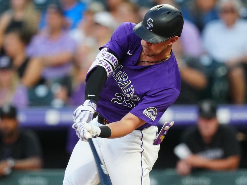 Jul 1, 2024; Denver, Colorado, USA; Colorado Rockies outfielder Nolan Jones (22) RBI doubles in the sixth iinning against the Colorado Rockies at Coors Field. Mandatory Credit: Ron Chenoy-USA TODAY Sports