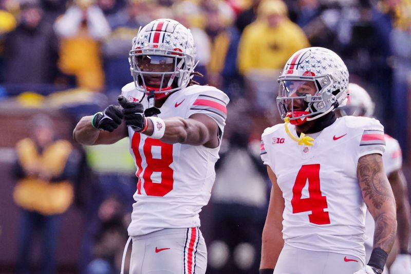 Nov 25, 2023; Ann Arbor, Michigan, USA; Ohio State Buckeyes wide receiver Marvin Harrison Jr. (18) celebrates a first down in the first half against the Michigan Wolverines at Michigan Stadium. Mandatory Credit: Rick Osentoski-USA TODAY Sports