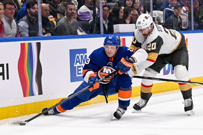 Jan 23, 2024; Elmont, New York, USA;  New York Islanders center Mathew Barzal (13) skates the puck from behind the net chased by Vegas Golden Knights center Chandler Stephenson (20) during the second period at UBS Arena. Mandatory Credit: Dennis Schneidler-USA TODAY Sports