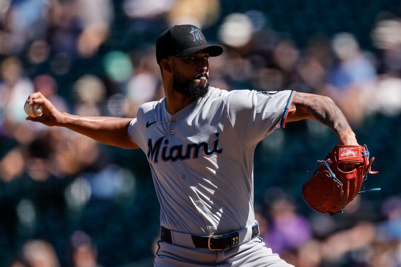 Sep 18, 2025; Denver, Colorado, USA; Miami Marlins starting pitcher Sandy Alcantara (22) pitches in the first inning against the Colorado Rockies at Coors Field. Mandatory Credit: Isaiah J. Downing-Imagn Images