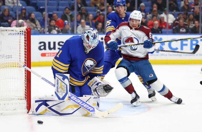 Dec 3, 2024; Buffalo, New York, USA;  Buffalo Sabres goaltender Ukko-Pekka Luukkonen (1) makes a pad save during the first period against the Colorado Avalanche at KeyBank Center. Mandatory Credit: Timothy T. Ludwig-Imagn Images