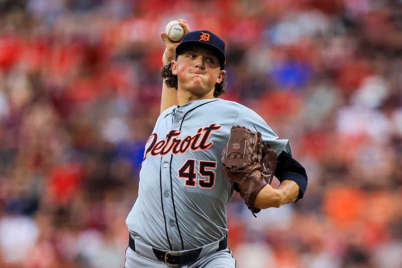 Jul 5, 2024; Cincinnati, Ohio, USA; Detroit Tigers starting pitcher Reese Olson (45) pitches against the Cincinnati Reds in the second inning at Great American Ball Park. Mandatory Credit: Katie Stratman-USA TODAY Sports