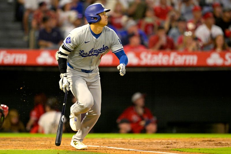 Sep 4, 2024; Anaheim, California, USA;  Los Angeles Dodgers designated hitter Shohei Ohtani (17) flies out in the third inning against the Los Angeles Angels at Angel Stadium. Mandatory Credit: Jayne Kamin-Oncea-Imagn Images