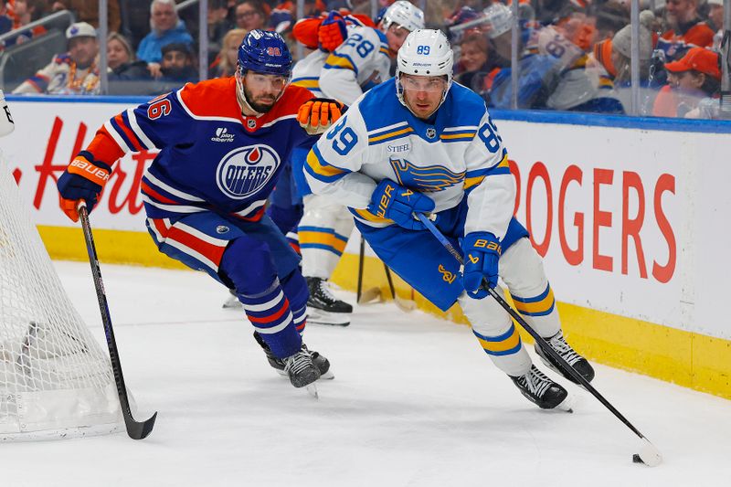 Jan 18, 2026; Edmonton, Alberta, CAN; St. Louis Blues forward Pavel Buchnevich (89) skates against Edmonton Oilers defensemen Jake Wahlman (96) during the second period at Rogers Place. Mandatory Credit: Perry Nelson-Imagn Images