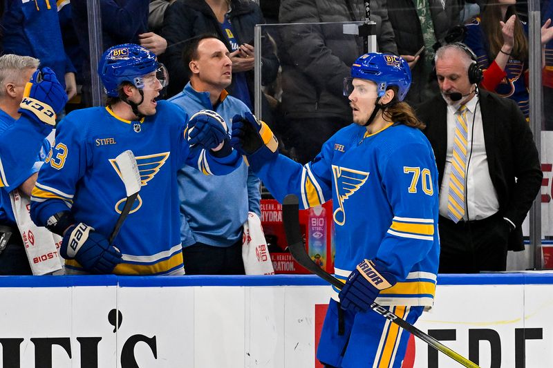 Jan 13, 2024; St. Louis, Missouri, USA;  St. Louis Blues center Oskar Sundqvist (70) is congratulated by teammates after scoring against the Boston Bruins during the third period at Enterprise Center. Mandatory Credit: Jeff Curry-USA TODAY Sports