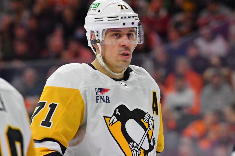 Jan 8, 2024; Philadelphia, Pennsylvania, USA; Pittsburgh Penguins center Evgeni Malkin (71) during the first period against the Philadelphia Flyers at Wells Fargo Center. Mandatory Credit: Eric Hartline-USA TODAY Sports