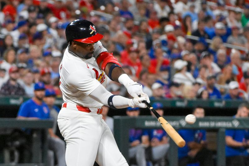 Aug 10, 2025; St. Louis, Missouri, USA;  St. Louis Cardinals right fielder Jordan Walker (18) hits a single against the Chicago Cubs during the seventh inning at Busch Stadium. Mandatory Credit: Jeff Curry-Imagn Images