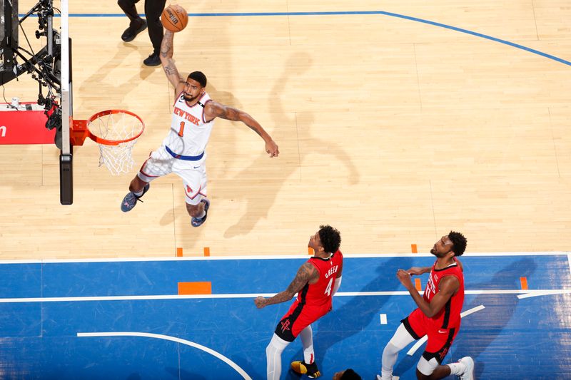 NEW YORK, NY - MARCH 27: Obi Toppin #1 of the New York Knicks dunks the ball during the game against the Houston Rockets on March 27, 2023 at Madison Square Garden in New York City, New York.  NOTE TO USER: User expressly acknowledges and agrees that, by downloading and or using this photograph, User is consenting to the terms and conditions of the Getty Images License Agreement. Mandatory Copyright Notice: Copyright 2023 NBAE  (Photo by Nathaniel S. Butler/NBAE via Getty Images)