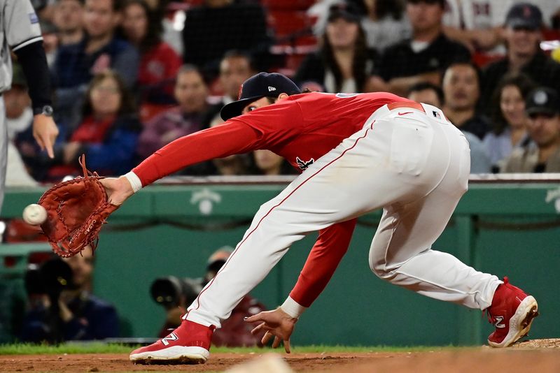 Sep 14, 2023; Boston, Massachusetts, USA; Boston Red Sox first baseman Triston Casas (36) makes a catch for an out during the ninth inning against the New York Yankees at Fenway Park. Mandatory Credit: Eric Canha-USA TODAY Sports