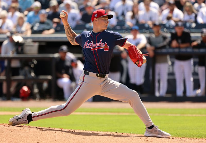 Mar 10, 2024; Tampa, Florida, USA; Atlanta Braves starting pitcher AJ Smith-Shawver (32) throws a pitch against the New York Yankees during the first inning at George M. Steinbrenner Field. Mandatory Credit: Kim Klement Neitzel-USA TODAY Sports