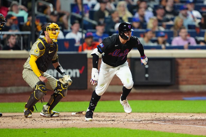 Jun 14, 2024; New York City, New York, USA; New York Mets left fielder Brandon Nimmo (9) runs out a single against the San Diego Padres during the third inning at Citi Field. Mandatory Credit: Gregory Fisher-USA TODAY Sports