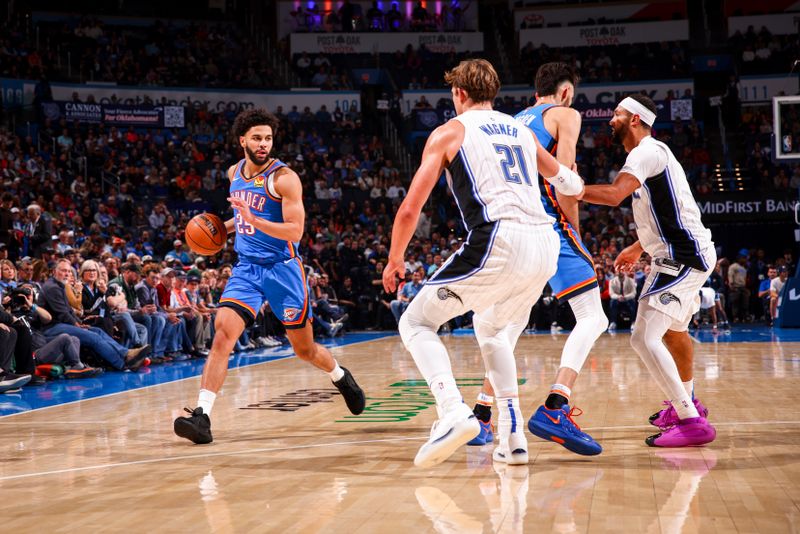 OKLAHOMA CITY, OK - NOVEMBER 4:  Ajay Mitchell #25 of the Oklahoma City Thunder dribbles the ball during the game against the Orlando Magic on November 4, 2024 at Paycom Center in Oklahoma City, Oklahoma. NOTE TO USER: User expressly acknowledges and agrees that, by downloading and or using this photograph, User is consenting to the terms and conditions of the Getty Images License Agreement. Mandatory Copyright Notice: Copyright 2024 NBAE (Photo by Zach Beeker/NBAE via Getty Images)